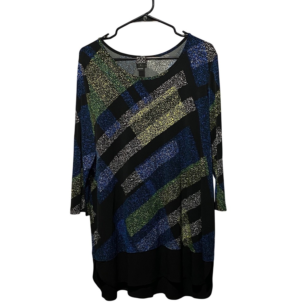 Clara Sunwoo Large Abstract Geometric Tunic Blue Green 3/4 Sleeve Stretch Top